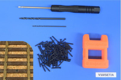 Sada pro šroubování kolejiva HO, zápustné vruty 1,2x10mm, 100ks + příslušenství